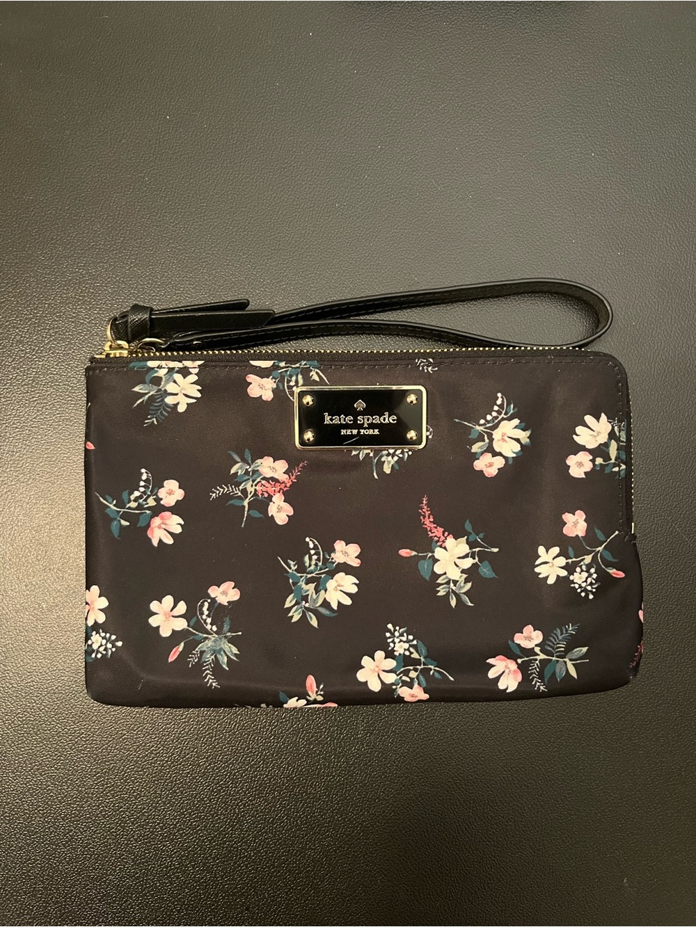 kate spade Black Floral Wristlet with Gold Plaque